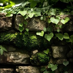 Green Moss on Stone Wall with Leafy Surroundings