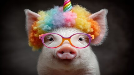 This charming picture of a pig dressed in a unicorn mask featuring a horn, mane, and rainbow glasses, along with the quote 'I am so amazing', is ideal for designing T-shirts, amusing greeting cards