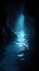 blue water in a cave with light shining through, high-resolution photography