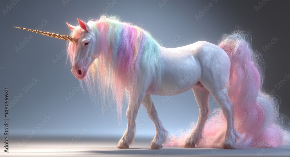 Fototapete A white background serves as the setting for a standing unicorn with a distinctive pink mane and tail