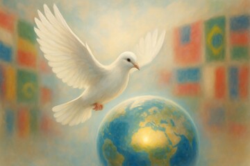 Fototapeta premium Majestic white dove soars gracefully above the earth, symbolizing peace and unity among nations, with blurred international flags in the background representing global harmony and cooperation