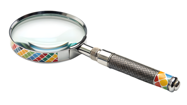 Colorful Magnifying Glass on White Background, High-Resolution Inspection Tool Stock Photo