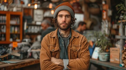 Obraz premium Bearded man in jacket standing in store with arms crossed