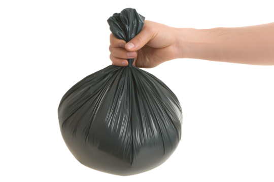 Closeup of a Hand Holding a Full Black Plastic Garbage Bag Against a White Background