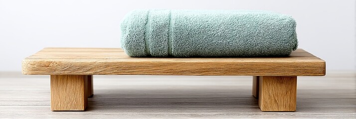 Wooden Bath Tray with Rolled Towel - Spa-like setting, light wood bath tray holds a rolled light green towel. Perfect for bathroom decor or wellness imagery