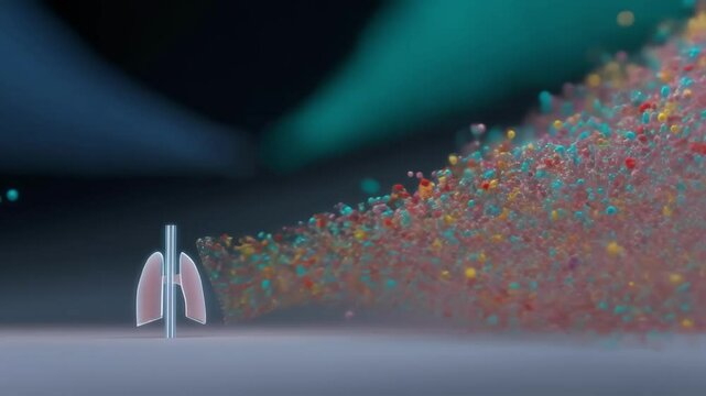 A conceptual image showing a nanosensor surrounded by colored particles representing various biomarkers found in exhaled breath symbolizing the early detection capabilities for lung