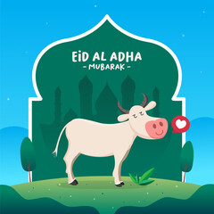Illustration of a cow, a landscape, and a mosque silhouette to welcome Eid al-Adha