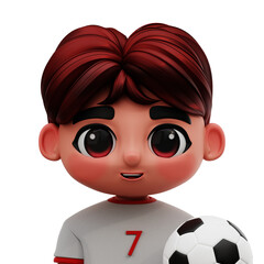 3D cartoon avatar of a football player with a soccer ball.