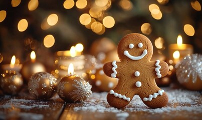 Delightful Christmas Decor With Gingerbread Man Perched on Wooden Table amidst Winter Wonderland and Festive Red-Green Color Scheme