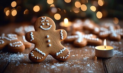Delicious Gingerbread Man Sitting on a Wooden Table amidst Festive Christmas Decorations and Warm Lighting on Red Background