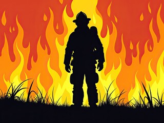 illustration featuring a silhouette of a firefighter in full gear, including a helmet and oxygen tank, standing amidst a vibrant, fiery background.