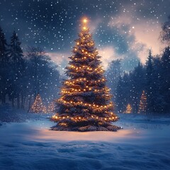 Magical Winter Wonderland Scene Featuring Festive Christmas Tree amidst Snowy Forest, Twinkling Lights, and Whipped Snowflakes on Icy Background
