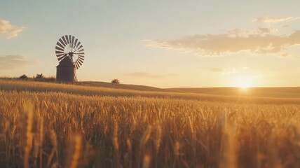 Golden Wheat Field with Windmill at Sunset