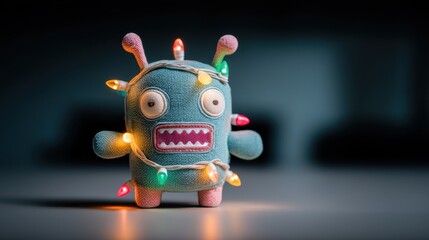 Naklejka premium Fairy lights had become tangled around the long tail of a stuffed monster that possessed sharp fangs and a big nose