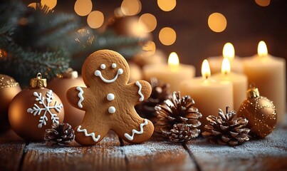 Warm-Hued Gingerbread Man Perched on Rustic Wooden Table with Festive Christmas Scene, Perfect for Holiday Card or Digital Advertising