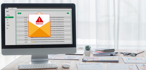 Cyber attacking concept. Malware alert showing on computer screen display scam and threat detection on computer system or online server to be removed brisk.