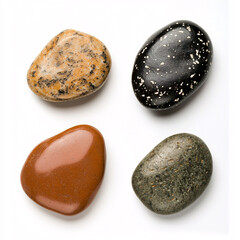 Four diverse polished rocks arranged in a square formation displaying different colors and textures above.