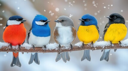 Fototapeta premium Colorful birds on snowy branch