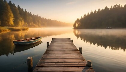 Serene lake scene features a wooden dock, boat and misty sunrise reflecting on water surface.