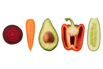 Vibrant Vegetables Beet, Carrot, Avocado, Bell Pepper, and Cucumber Slices on White Background