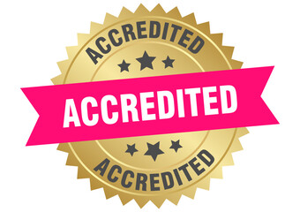 accredited. accredited round pink and gold label isolated on transparent background