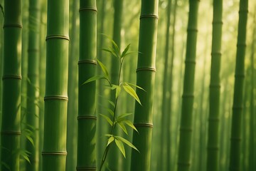 Fototapeta premium Calm and refreshing bamboo forest scene with tall bamboo stalks and soft sunlight filtering through the leaves, evoking a sense of serenity