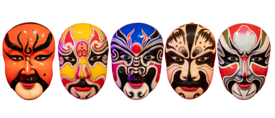Colorful Chinese opera masks on white background, isolated.