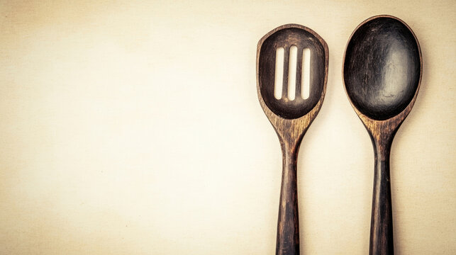 Two dark wooden spoons on a beige background. One slotted, one solid - Powered by Adobe