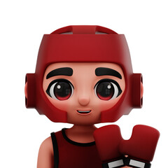 3D cartoon avatar of a boxer wearing gloves and protective headgear.