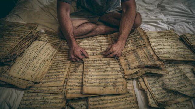 Person examining antique sheet music.