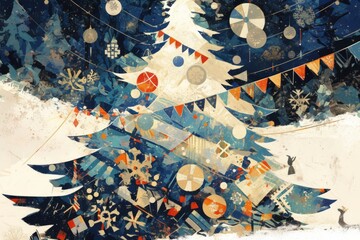 Festive winter tree adorned with abstract shapes, ornaments, and bunting