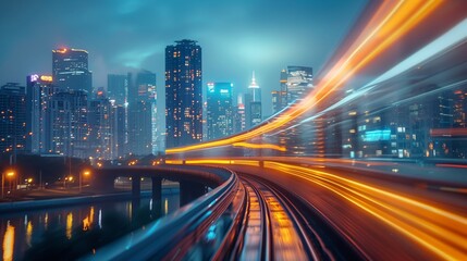 Fototapeta premium A train crossing a bridge with a cityscape backdrop at night