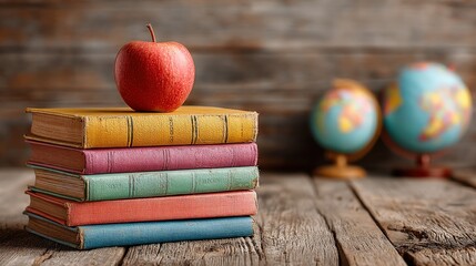 Knowledge Stacked High: A still life composition presents a vivid red apple perched atop a colorful stack of classic books, hinting at education and learning.Ai Image