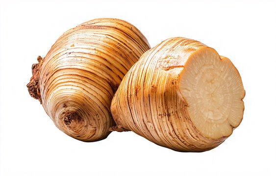 Two whole and sliced elephant foot yam ts show unique circular patterns against a white background.