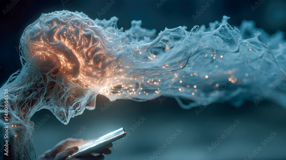 Poster Surreal image of a glowing brain extending from a person using a smartphone, visualizing digital connectivity and the power of information flow
