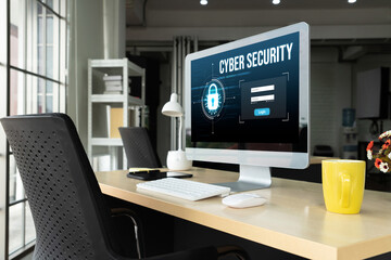 Cyber security system on computer screen protect private information snugly from hacker and cyber attack