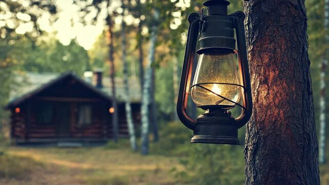 vintage lantern hanging on tree branch in forest, cabin visible in blurred background