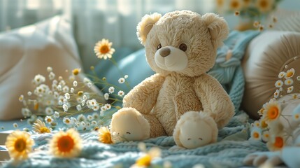 Stuffed toy teddy bear sits next to flowers on a bed