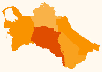 Map of Turkmenistan with regions. Just a simple country border map with region division. Orange color palette. Flat Turkmenistan shape with administrative division. Vector illustration.