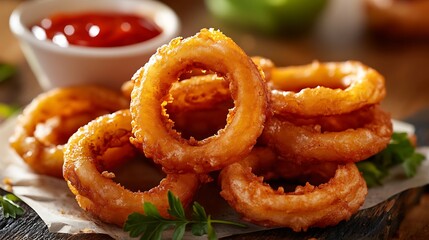 A pile of onion rings with a zesty dipping sauce