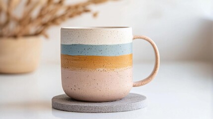 The image is of a ceramic mug with a handle on a grey coaster. the mug is white with a speckled texture and has a striped design in different colors - blue, orange, and yellow.