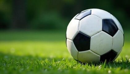 Fototapeta premium Close-up view of classic black and white soccer ball , sport, stitching, detail