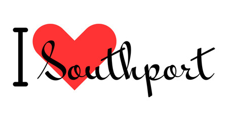 I love Southport, city of United Kingdom. Hand drawn letters with red heart. Vector illustration lettering, modern design