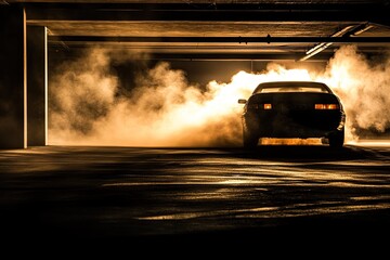 Dark car, garage, smoke