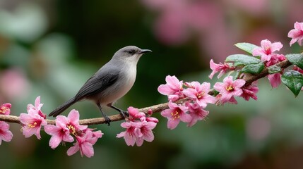 Fototapeta premium A delicate hummingbird rests on the edge of bright pink flowers, adorned with sparkling dewdrops, glowing softly in morning light