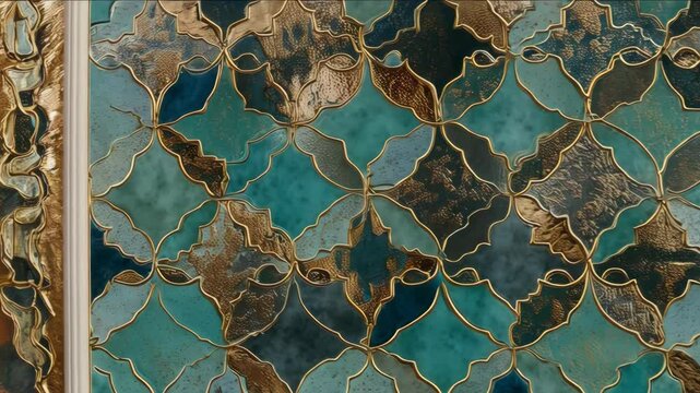 Detailed view of intricate teal and bronze geometric pattern design with raised metallic texture, creating rich elegant surface ornament