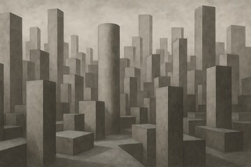 Fototapeta premium Geometric urban cityscape with a series of concrete blocks and cylindrical towers in black and white, conveying a modern architectural style