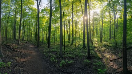Fototapeta premium Enchanting forest trail bathed in morning sunlight, inviting exploration