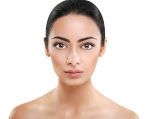 Beautiful indian girl with perfect skin make up closeup. Beauty and health care. Ideal closeup portrait of brunette, isolated on white background