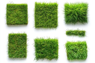Collection of top view vibrant green grass patches isolate on white background